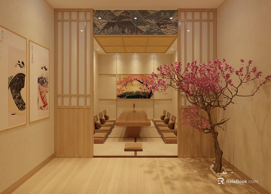 Japanese Style Tatami Room Interior With Wooden Table Decorative Paintings And Pink Flower Tree 3d model 