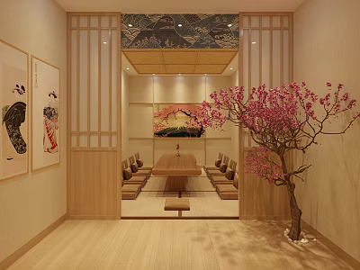 Japanese Style Tatami Room Interior With Wooden Table Decorative Paintings And Pink Flower Tree 3d model