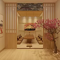 Japanese Style Tatami Room Interior With Wooden Table Decorative Paintings And Pink Flower Tree