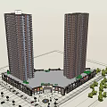 Modern High Rise Residential Complex With Two Towers And Low Rise Base 3d model