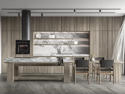 Modern Restaurant Kitchen Featuring Wooden Walls Marble Island Black Range Hood And Dining Table Chairs 3d model