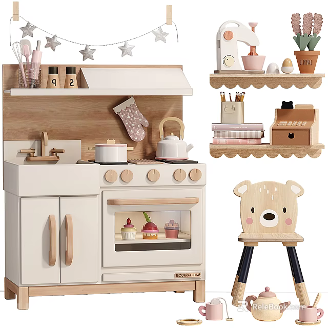 Children's Dinnerware Set With Toy Kitchen Mini Oven Teapot Cakes And Bear Stool 3d model 