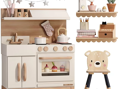 Children's Dinnerware Set With Toy Kitchen Mini Oven Teapot Cakes And Bear Stool 3d model