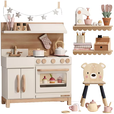 Children's Dinnerware Set With Toy Kitchen Mini Oven Teapot Cakes And Bear Stool 3d model