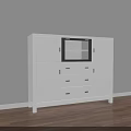 White Modern Decorative Cabinet With Glass Door And Drawers On Wooden Floor Against Gray Wall
