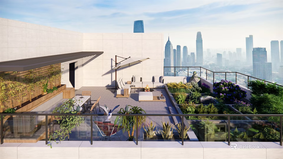 Modern Roof Garden With Outdoor Furniture Lush Greenery And City Skyline 3d model 
