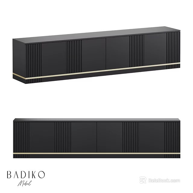 Black Modern Dresser With Vertical Slats Design And Golden Trim Accents 3d model 