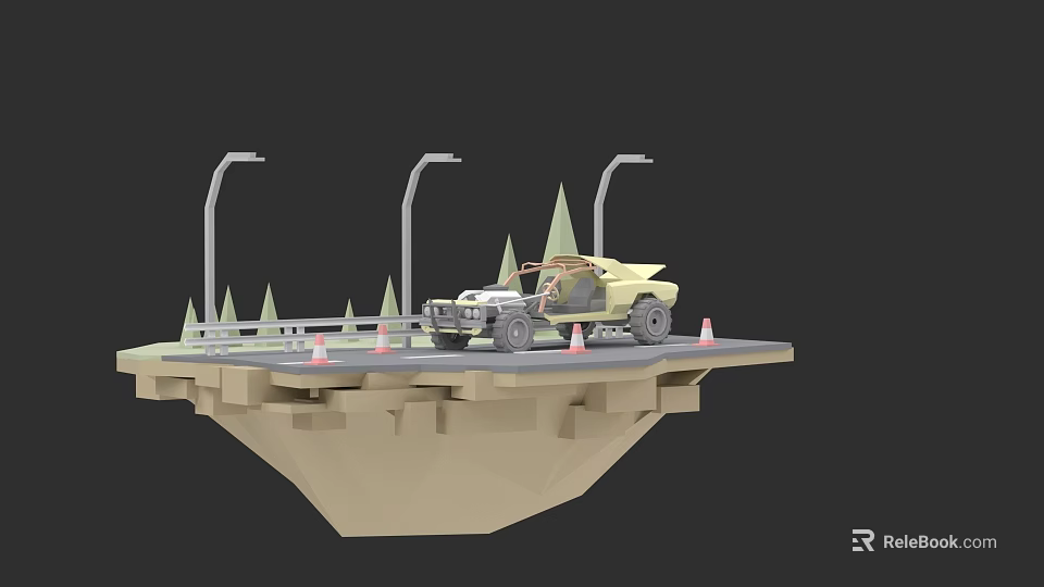 Off Road Vehicle On Floating Platform With Street Lamps Traffic Cones And Trees 3d model 