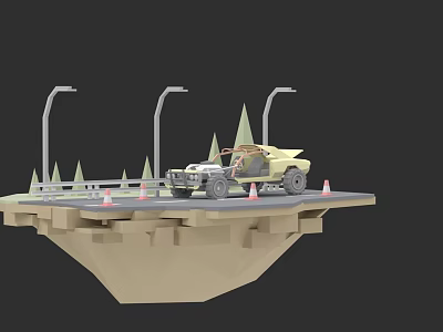 Off Road Vehicle On Floating Platform With Street Lamps Traffic Cones And Trees 3d model
