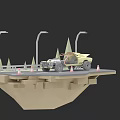 Off Road Vehicle On Floating Platform With Street Lamps Traffic Cones And Trees