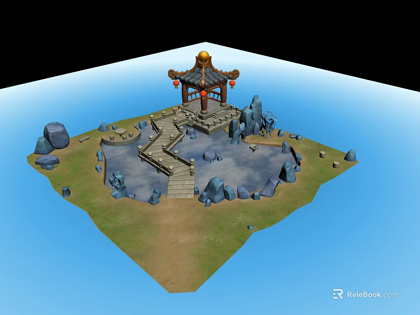 Scenic Island Landscape With Traditional Pavilion Stone Pathway Rocks And Water 3d model 
