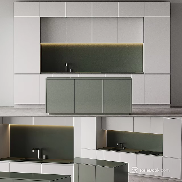 Modern Kitchen Interior With Sleek Grey White Cabinets And LED Strip Lighting 3d model 