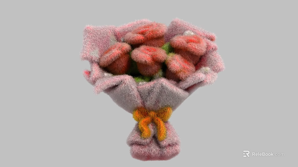 Pink Fluffy Flower Bouquet Art Installation Wrapped In Pink Paper With Orange Yellow Bow 3d model 