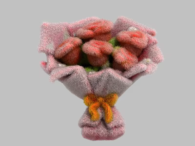 Pink Fluffy Flower Bouquet Art Installation Wrapped In Pink Paper With Orange Yellow Bow 3d model