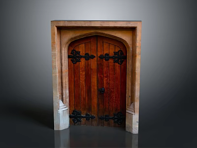 Classic Wooden Double Door With Arched Design And Black Metal Decorations 3d model