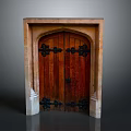 Classic Wooden Double Door With Arched Design And Black Metal Decorations