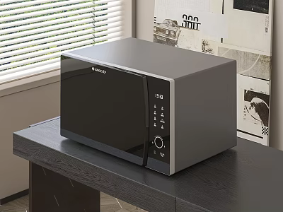 Gray Modern Microwave Oven As Kitchen Appliance On Dark Wooden Table With Window Blinds 3d model