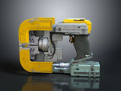 Futuristic Mechanical Weapon with Yellow and Gray Design Grip and Mechanical Components 3d model