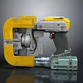 Futuristic Mechanical Weapon with Yellow and Gray Design Grip and Mechanical Components