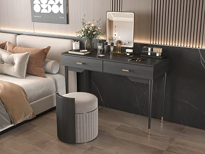 Modern Bedroom Dressing Table With Drawers Mirror Vase And Cosmetics Stool 3d model