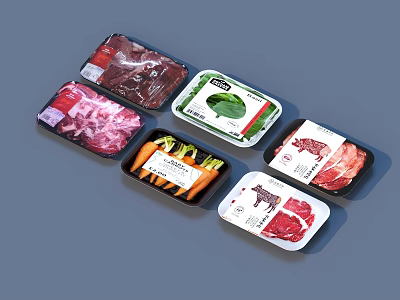 Various Fresh Packaged Food Items Including Meat Carrots and Spinach in Containers 3d model