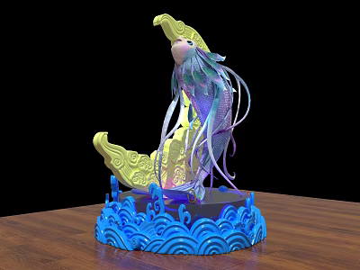Colorful Decorative Sculpture Featuring Golden Moon Top And Blue Wave Base 3d model