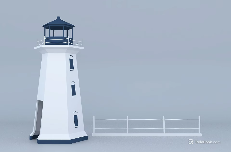 White Lighthouse Structure With Blue Roof Balcony And White Fence Design 3d model 