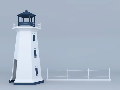 White Lighthouse Structure With Blue Roof Balcony And White Fence Design 3d model