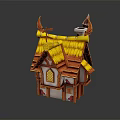 Whimsical Cartoon Cottage Featuring Yellow Straw Roof Orange Frame And White Walls With Arched Windows
