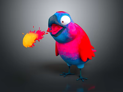 Colorful Blue Pink Parrot Spitting Yellow Orange Flame Like Object With Open Beak Gray Background 3d model