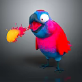 Colorful Blue Pink Parrot Spitting Yellow Orange Flame Like Object With Open Beak Gray Background