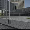 Modern Commercial Street With Glass Curtain Walls Open Wooden Deck And Glass Railings