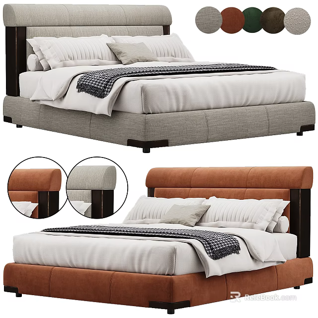 Modern Double Bed Design With Upholstered Headboard Neutral Bedding And Decorative Pillows 3d model 