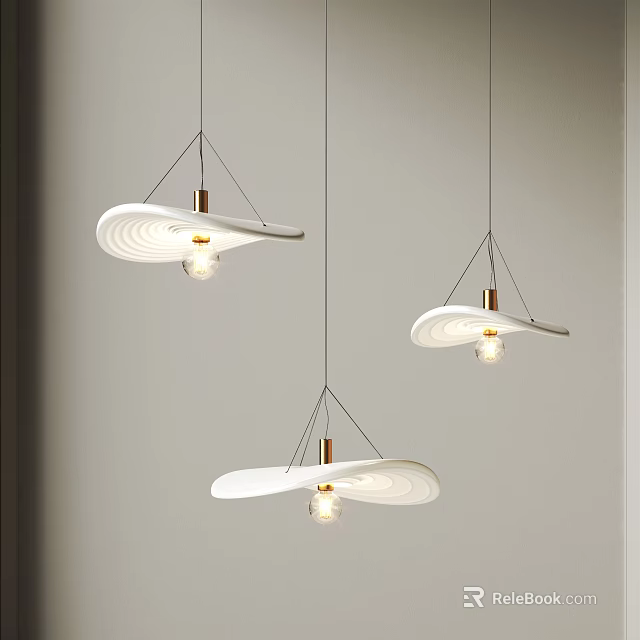 Three Modern White Pendant Lights With Wavy Design And Metal Accents For Interior Decor 3d model 