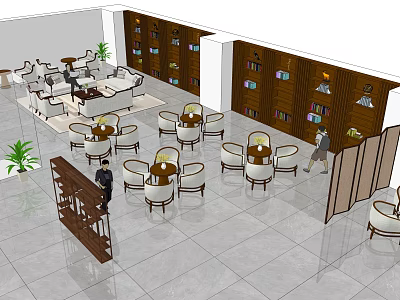 Modern Cozy Lounge Area With Sofas Tables Chairs Bookshelves And Plants 3d model