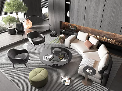 Modern Sofa and Coffee Table Set With Round Glass Top And Decorative Pillows 3d model