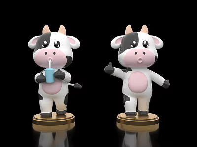 Cute Cow Decorative Ornament Set With Drinking Cup And Thumbs Up Gesture On Gold Base 3d model