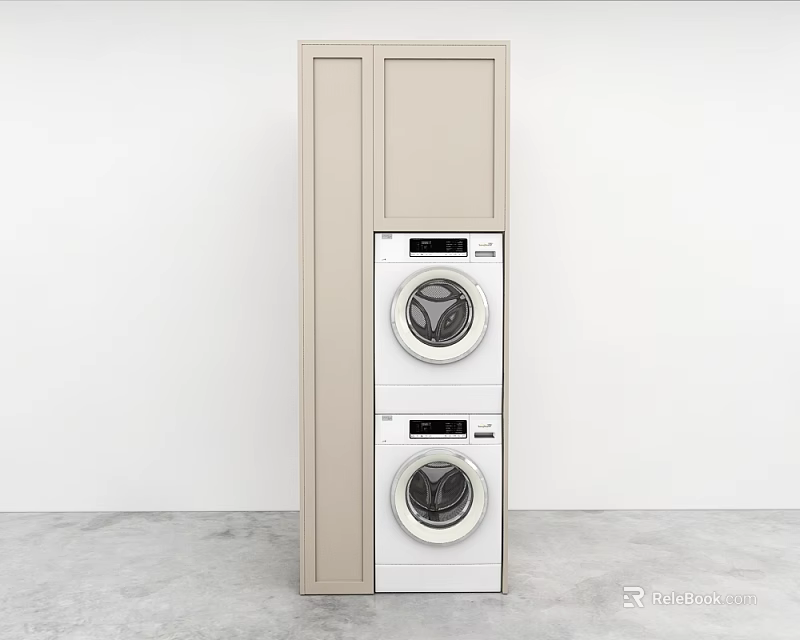 Stacked White Washing Machine And Dryer With Beige Cabinets White Wall And Gray Floor 3d model 