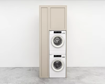 Stacked White Washing Machine And Dryer With Beige Cabinets White Wall And Gray Floor 3d model