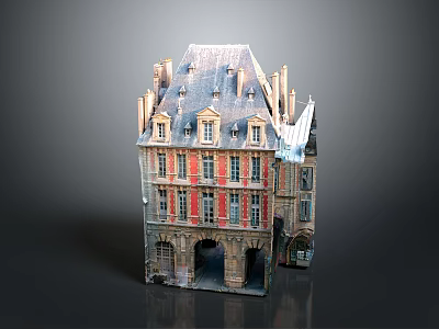 3D Model of Traditional European Building With Red Beige Facade Sloped Roof and Arched Doorways 3d model