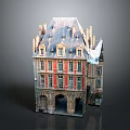 3D Model of Traditional European Building With Red Beige Facade Sloped Roof and Arched Doorways