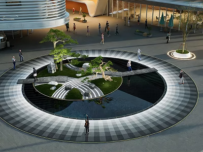 Public Square Water Fountain With Black And White Checkered Ground Green Plants And People Walking 3d model