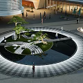 Public Square Water Fountain With Black And White Checkered Ground Green Plants And People Walking