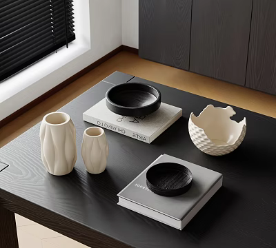 Modern Decorative Ornament Set With Ceramic Vases Bowls On Wooden Table Books 3d model