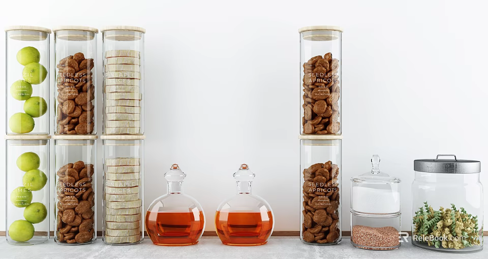 Clear Cylindrical Spice Bottles With Cork Stoppers Holding Various Spices On Kitchen Countertop 3d model 