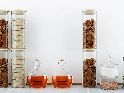 Clear Cylindrical Spice Bottles With Cork Stoppers Holding Various Spices On Kitchen Countertop 3d model