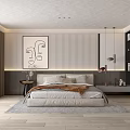 Modern Minimalist Bedroom Interior With Striped Wall Abstract Art And Pendant Lights