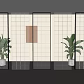 Various Modern Transparent Room Dividers With Grid Patterns And Indoor Plants 3d model
