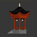 Traditional Chinese Pavilion With Red Structure Black Roof Golden Decoration And Stone Base