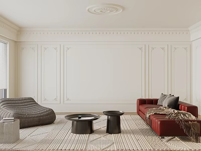 Elegant Living Room with White Molded Walls Red Sofa Gray Bean Bag and Woven Rug 3d model